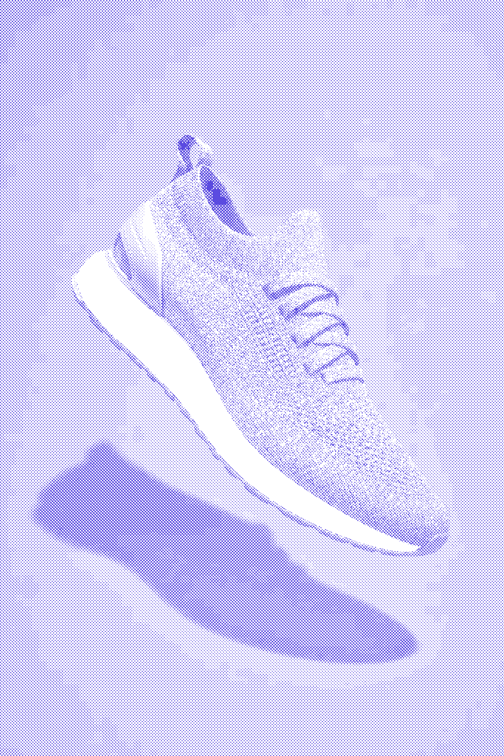 Navy knit running shoe suspended above a deep blue backdrop
